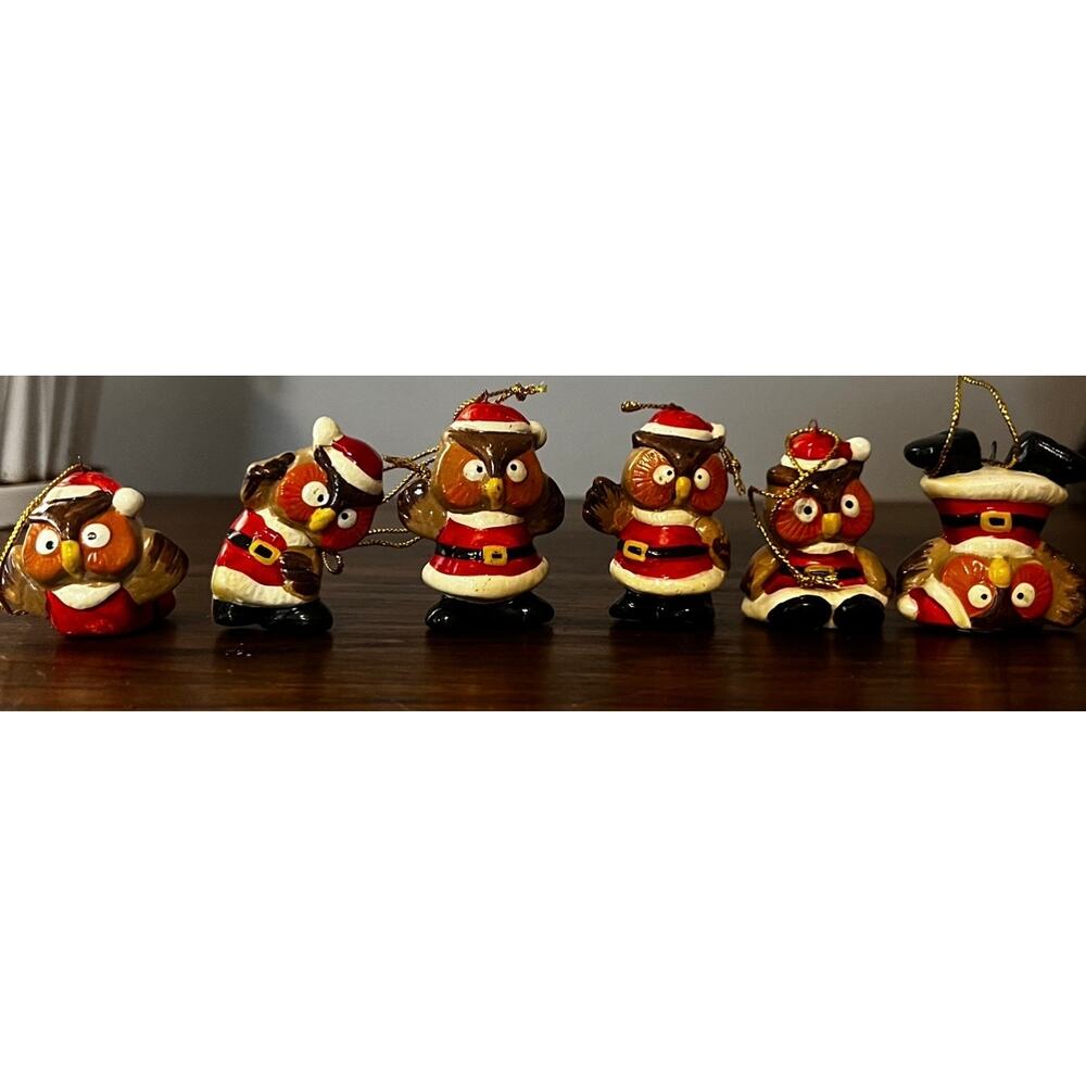 Vintage 1979 Enesco Frolicsome Santa Owls set of 6 ceramic christmas ornaments